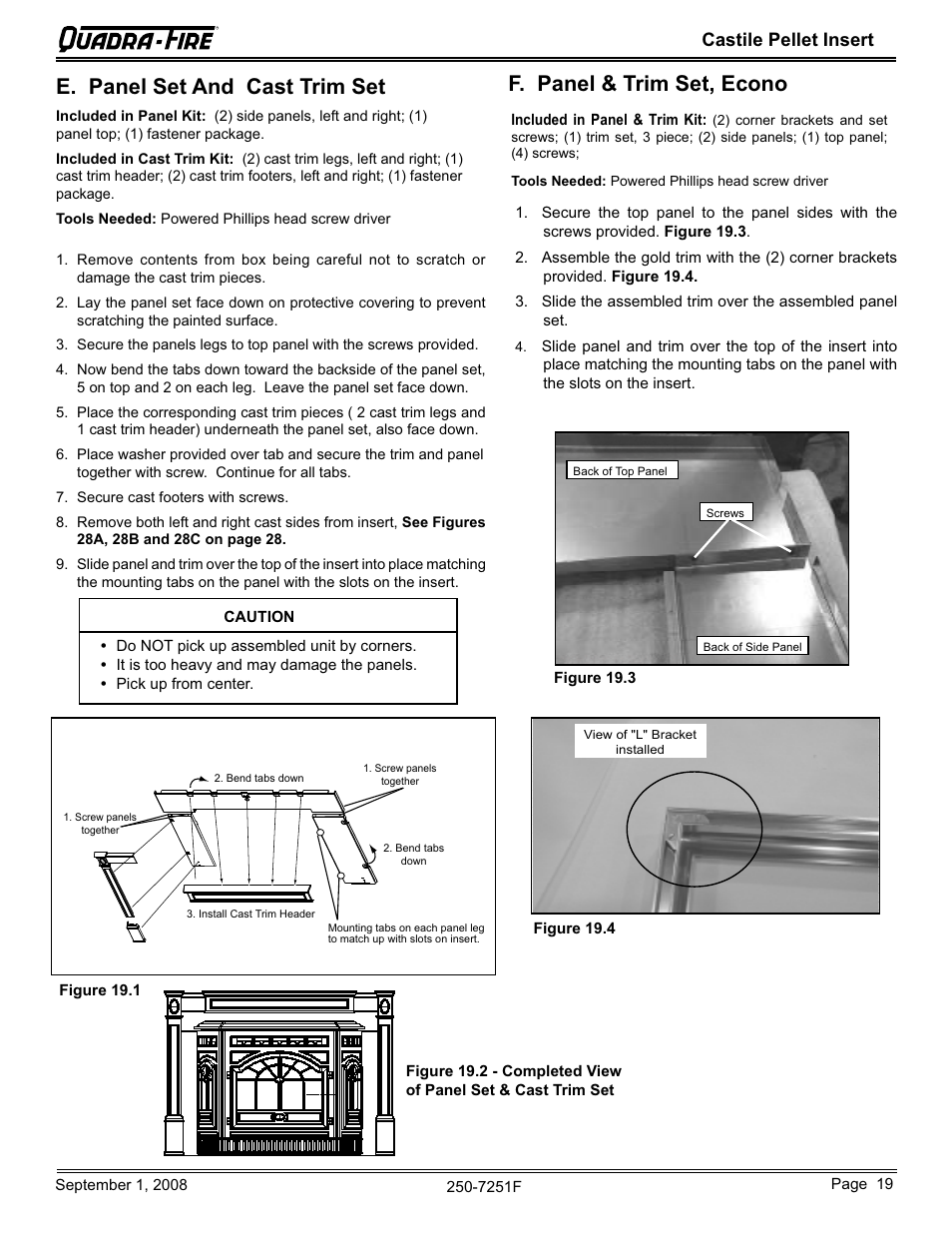 E. panel set and cast trim set, F. panel & trim set, econo, Castile pellet insert | Hearth and Home Technologies Castile Insert Pellet CASTINS-CWL User Manual | Page 19 / 48