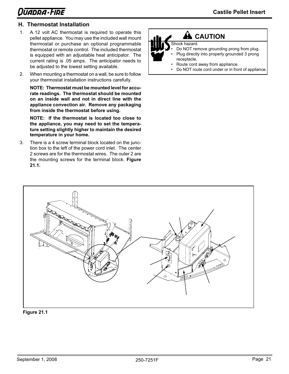 Caution, Castile pellet insert, H. thermostat installation | Hearth and Home Technologies Castile Insert Pellet CASTINS-CWL User Manual | Page 21 / 48