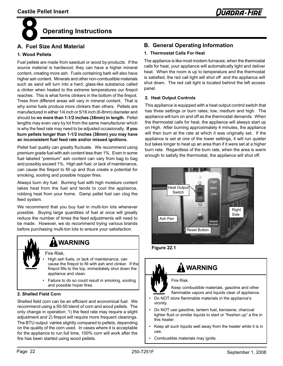 Operating instructions, Warning | Hearth and Home Technologies Castile Insert Pellet CASTINS-CWL User Manual | Page 22 / 48