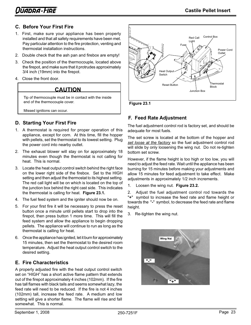 Caution, Castile pellet insert c. before your first fire, E. fire characteristics | Hearth and Home Technologies Castile Insert Pellet CASTINS-CWL User Manual | Page 23 / 48