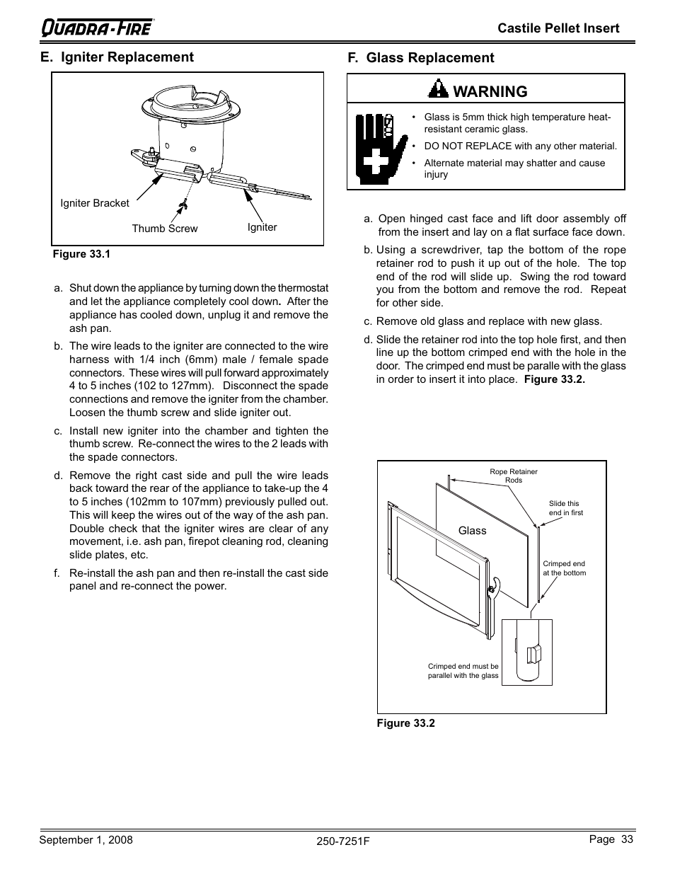 Warning, E. igniter replacement, F. glass replacement | Castile pellet insert | Hearth and Home Technologies Castile Insert Pellet CASTINS-CWL User Manual | Page 33 / 48