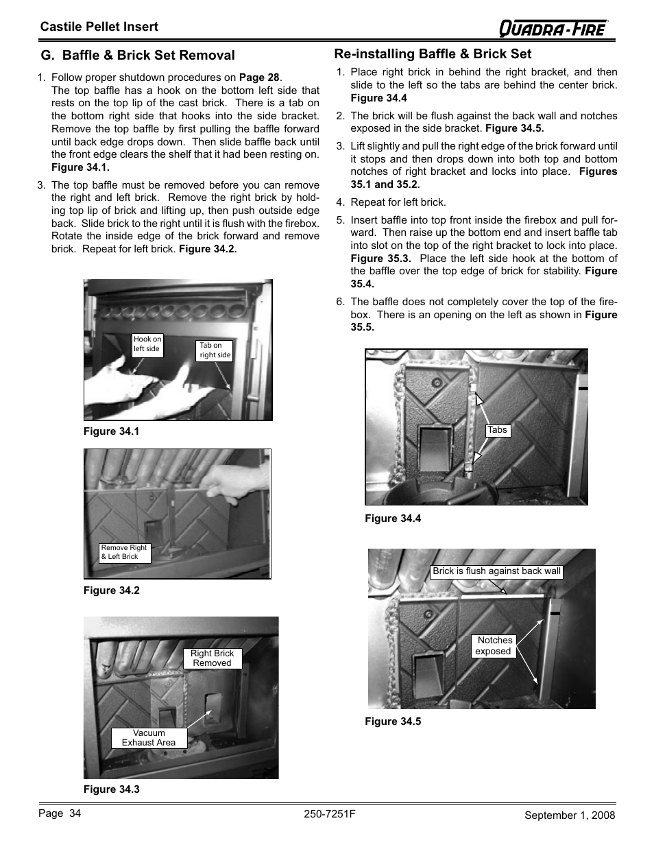 Re-installing baffle & brick set, G. baffle & brick set removal, Castile pellet insert | Hearth and Home Technologies Castile Insert Pellet CASTINS-CWL User Manual | Page 34 / 48