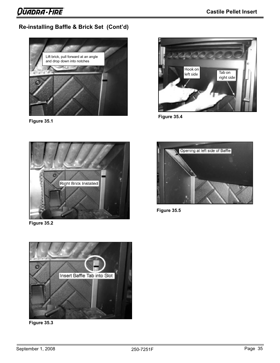 Re-installing baffle & brick set (cont’d), Castile pellet insert | Hearth and Home Technologies Castile Insert Pellet CASTINS-CWL User Manual | Page 35 / 48