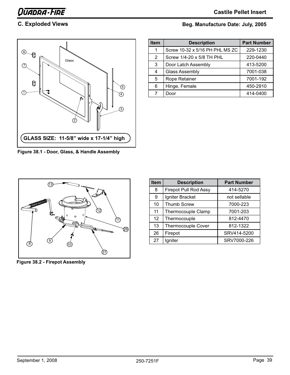 Castile pellet insert, C. exploded views | Hearth and Home Technologies Castile Insert Pellet CASTINS-CWL User Manual | Page 39 / 48