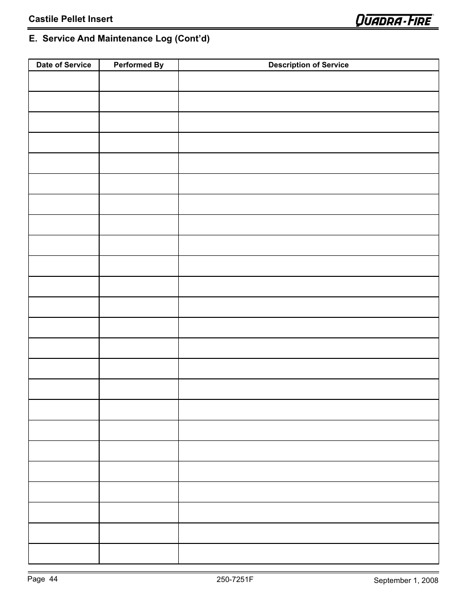 Castile pellet insert, E. service and maintenance log (cont’d) | Hearth and Home Technologies Castile Insert Pellet CASTINS-CWL User Manual | Page 44 / 48