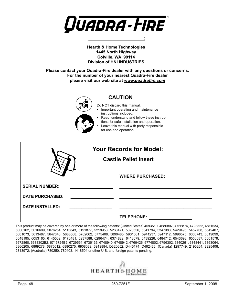 Your records for model, Castile pellet insert, Caution | Hearth and Home Technologies Castile Insert Pellet CASTINS-CWL User Manual | Page 48 / 48