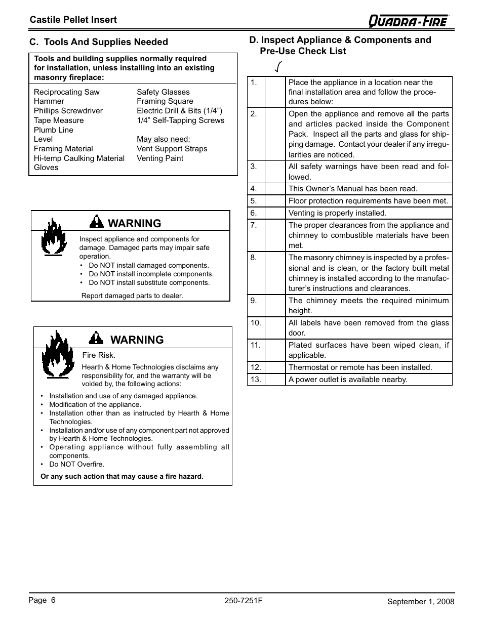 Warning | Hearth and Home Technologies Castile Insert Pellet CASTINS-CWL User Manual | Page 6 / 48