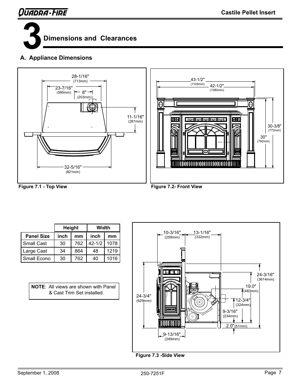 Dimensions and clearances | Hearth and Home Technologies Castile Insert Pellet CASTINS-CWL User Manual | Page 7 / 48