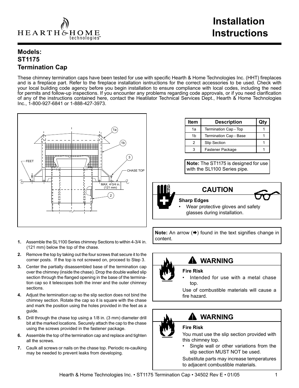 Hearth and Home Technologies Termination Cap ST1175 User Manual | 1 page