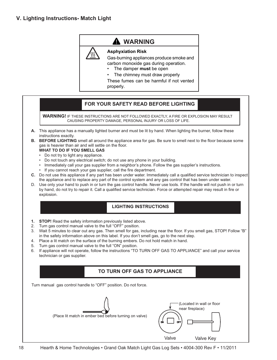 Warning, V. lighting instructions- match light | Hearth and Home Technologies GO324MTCH User Manual | Page 18 / 24