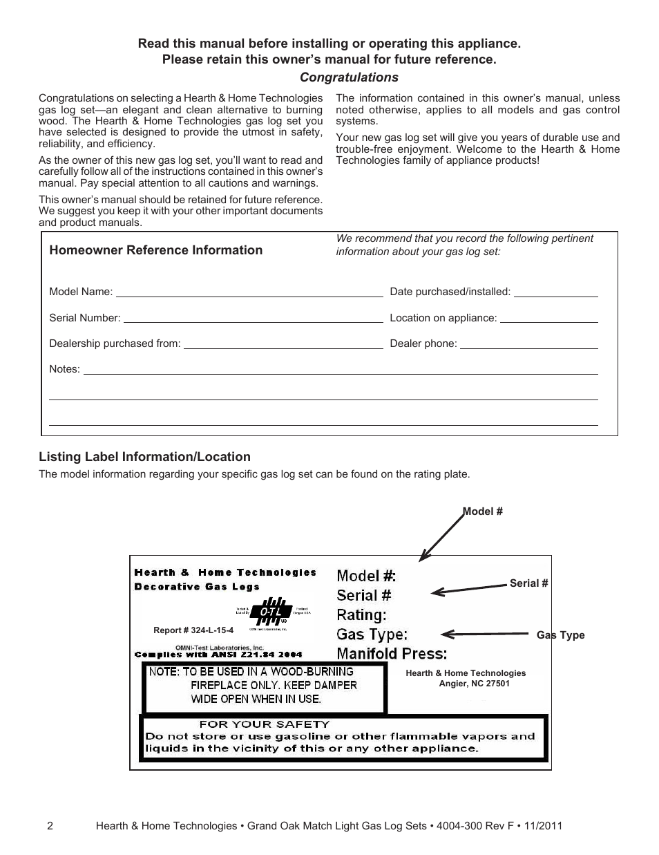 Hearth and Home Technologies GO324MTCH User Manual | Page 2 / 24
