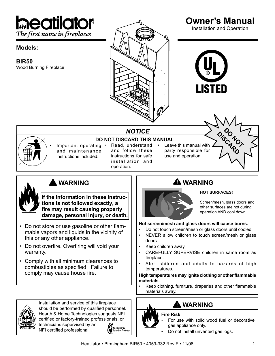 Hearth and Home Technologies BIR50 User Manual | 52 pages