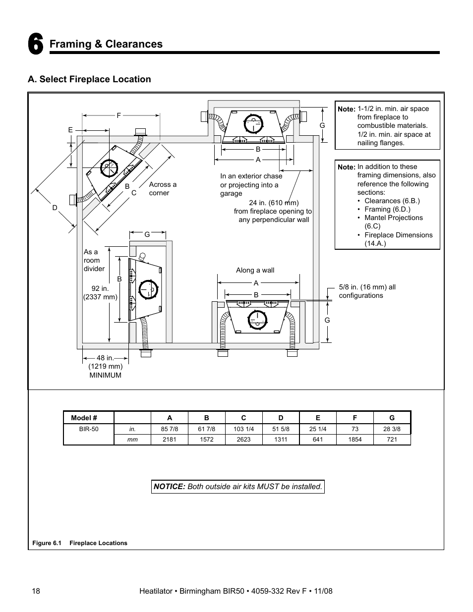 Framing & clearances, A. select fireplace location | Hearth and Home Technologies BIR50 User Manual | Page 18 / 52