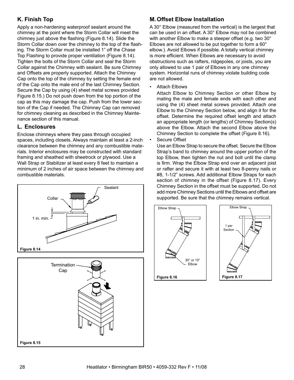 K. finish top, L. enclosures, M. offset elbow installation | Hearth and Home Technologies BIR50 User Manual | Page 28 / 52