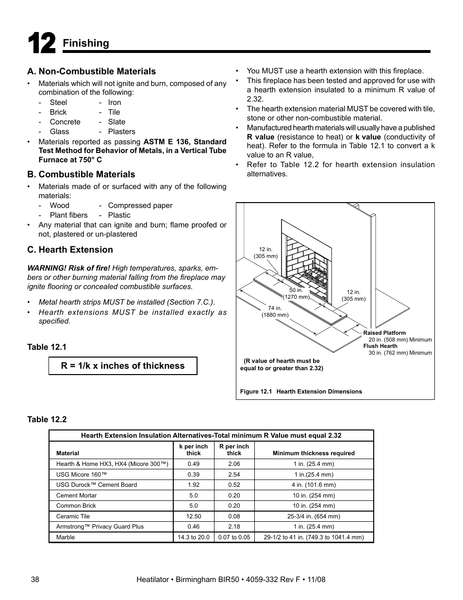 Finishing, A. non-combustible materials, B. combustible materials | C. hearth extension, R = 1/k x inches of thickness | Hearth and Home Technologies BIR50 User Manual | Page 38 / 52