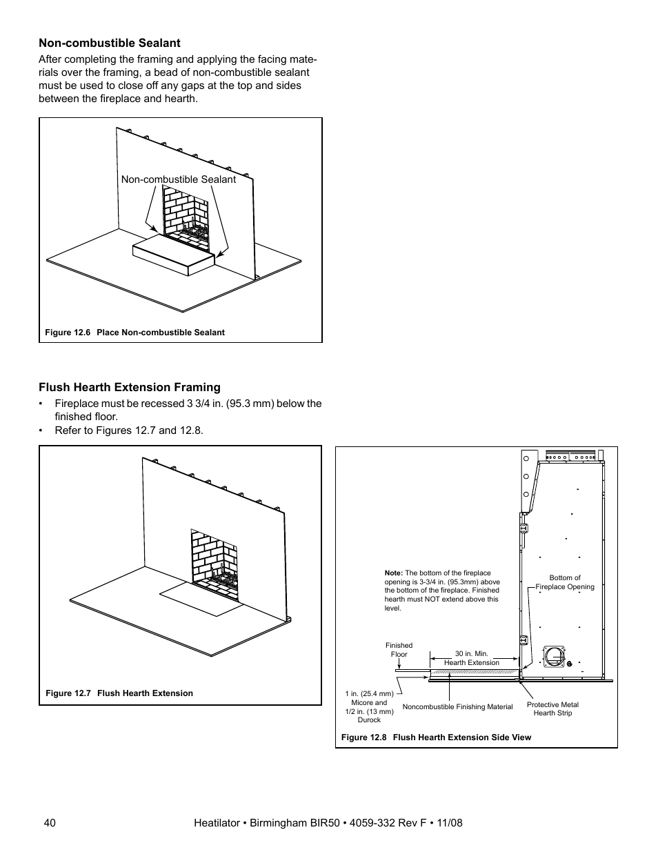 Non-combustible sealant, Flush hearth extension framing | Hearth and Home Technologies BIR50 User Manual | Page 40 / 52