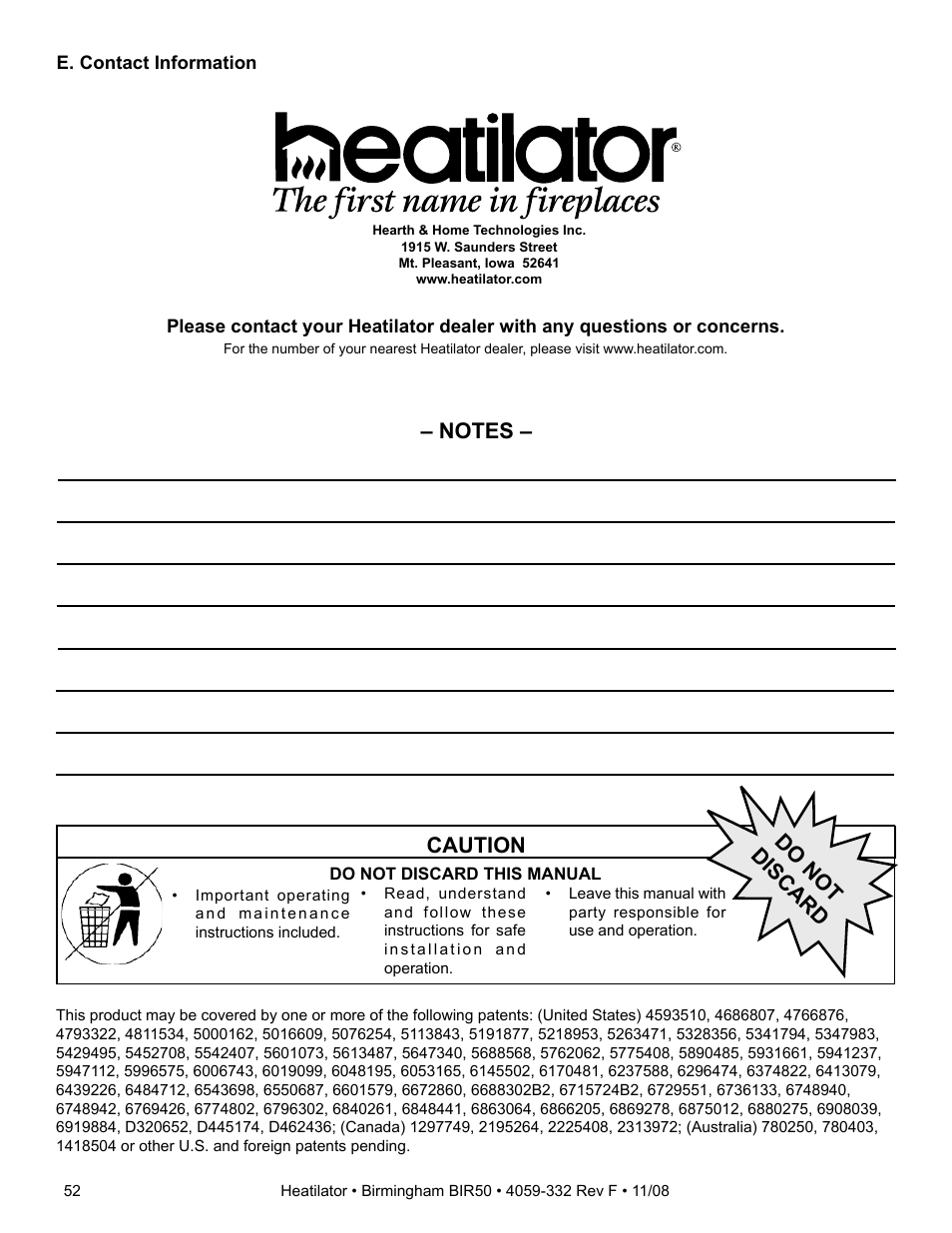 Caution, Do not discard | Hearth and Home Technologies BIR50 User Manual | Page 52 / 52