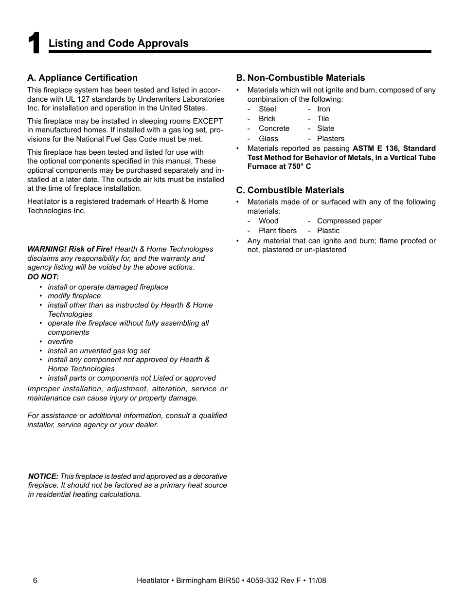 Listing and code approvals | Hearth and Home Technologies BIR50 User Manual | Page 6 / 52