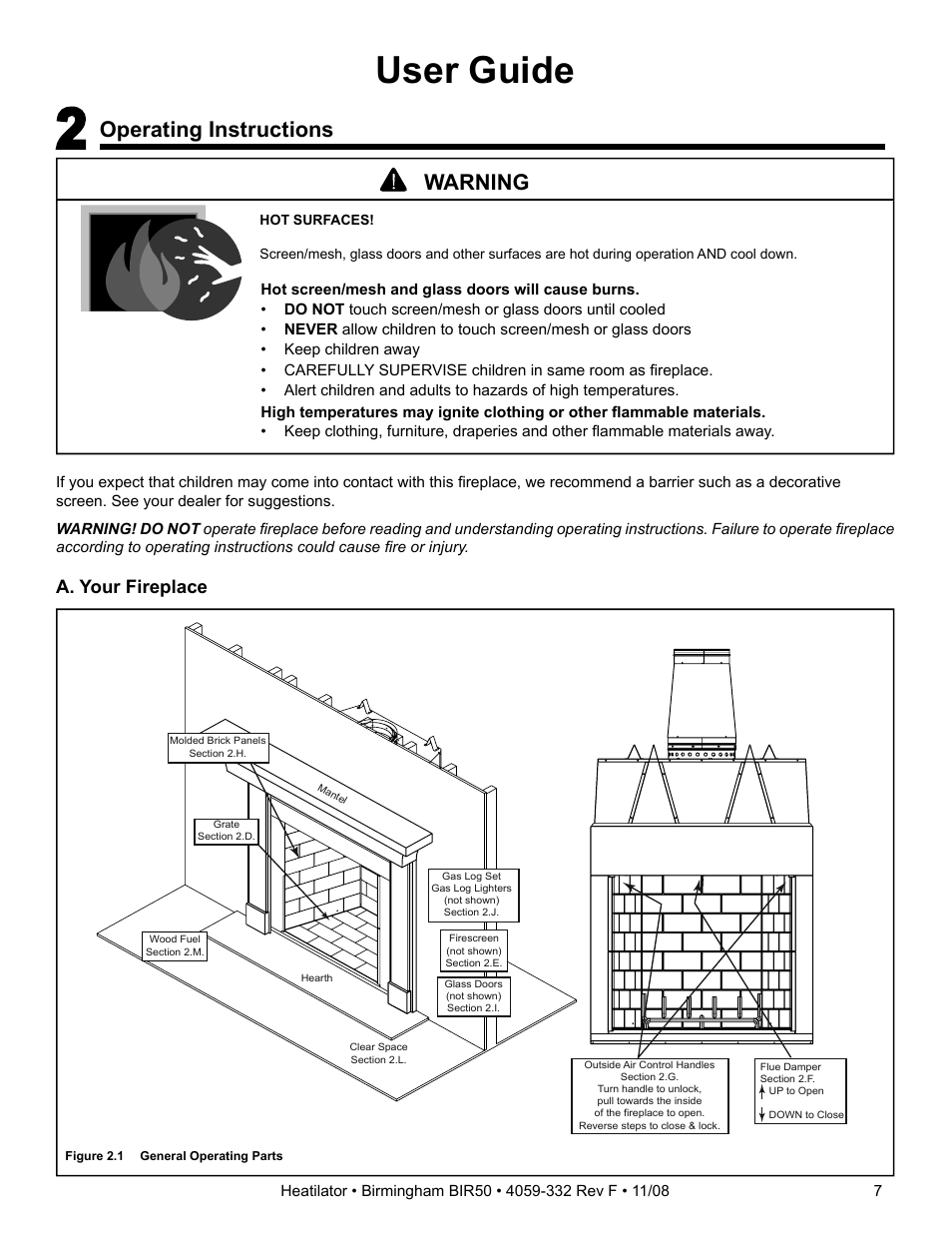 User guide, Operating instructions, Warning | Hearth and Home Technologies BIR50 User Manual | Page 7 / 52