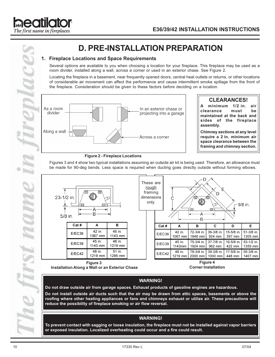 Exhaust products, Locations, Installation along a wall | Installation, corner, Pre-installation preparation, Smoke, Space requirements, D. pre-installation preparation, Clearances, Fireplace locations and space requirements | Hearth and Home Technologies E39 User Manual | Page 10 / 32