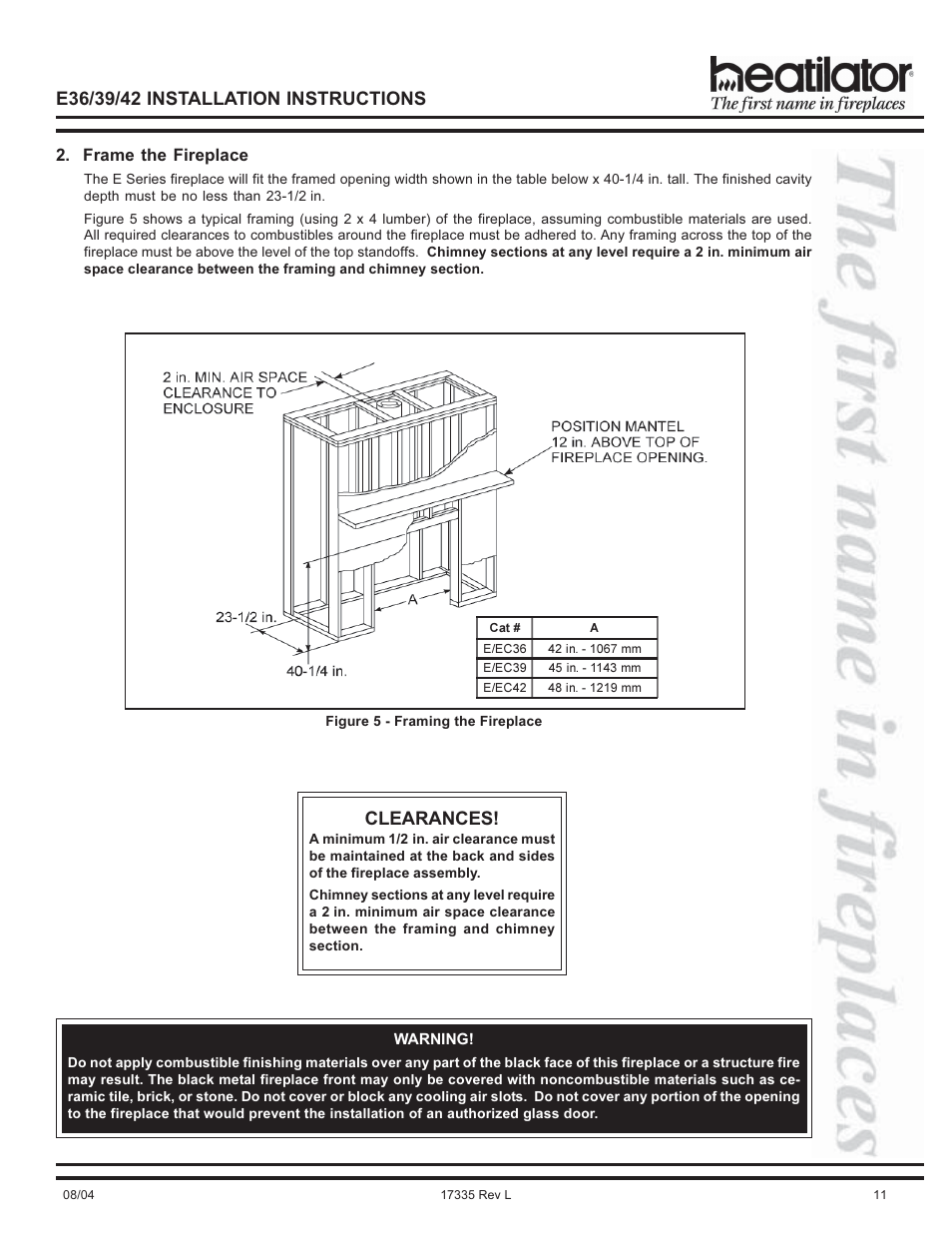 Framing, Mantel, Clearances | Frame the fireplace | Hearth and Home Technologies E39 User Manual | Page 11 / 32