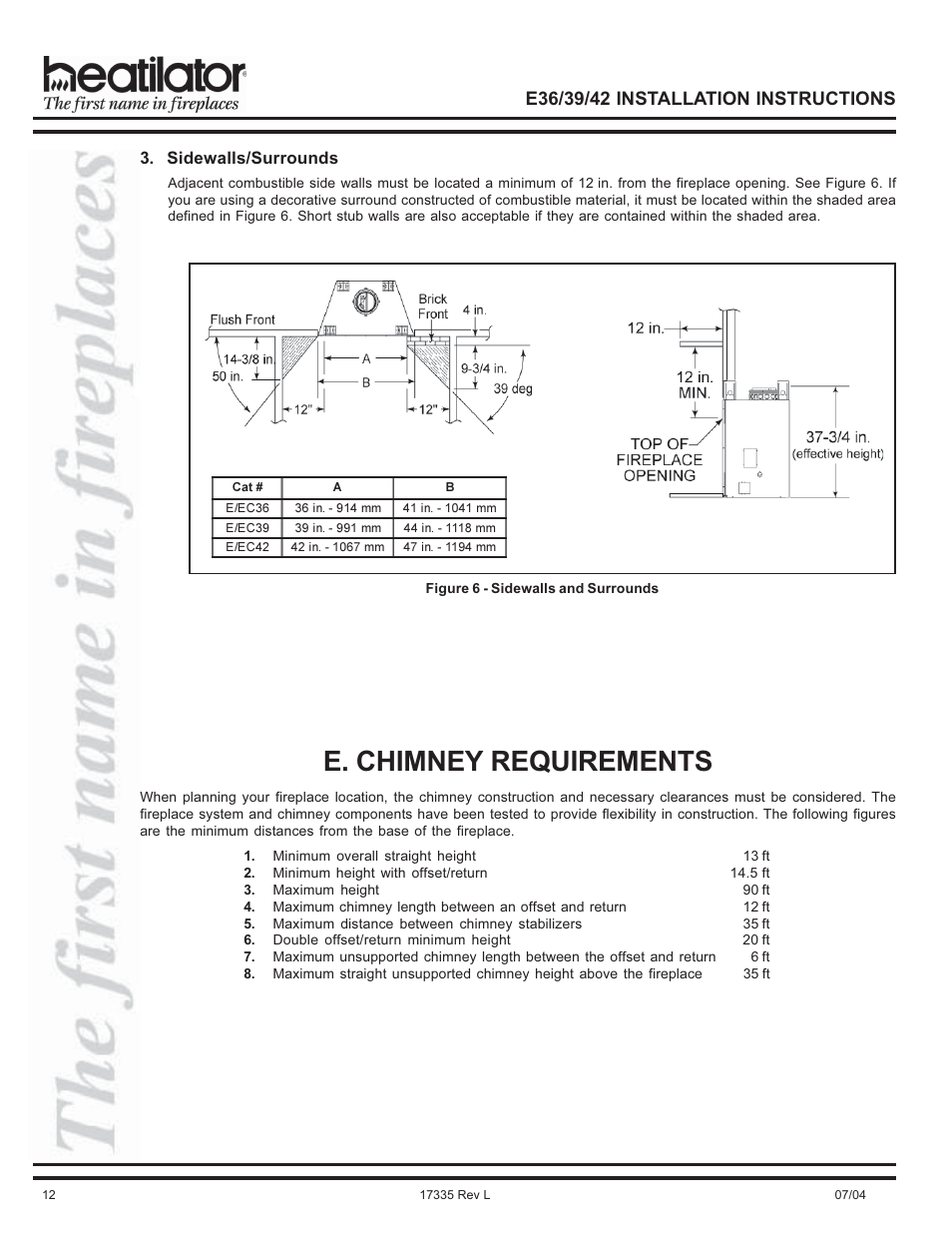 Requirements, Chimney requirements, Sidewalls/surrounds | E. chimney requirements | Hearth and Home Technologies E39 User Manual | Page 12 / 32