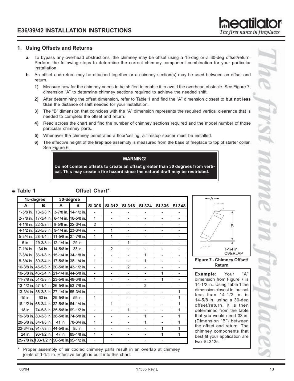 Overhead obstructions, Table 1 offset chart* 1. using offsets and returns | Hearth and Home Technologies E39 User Manual | Page 13 / 32
