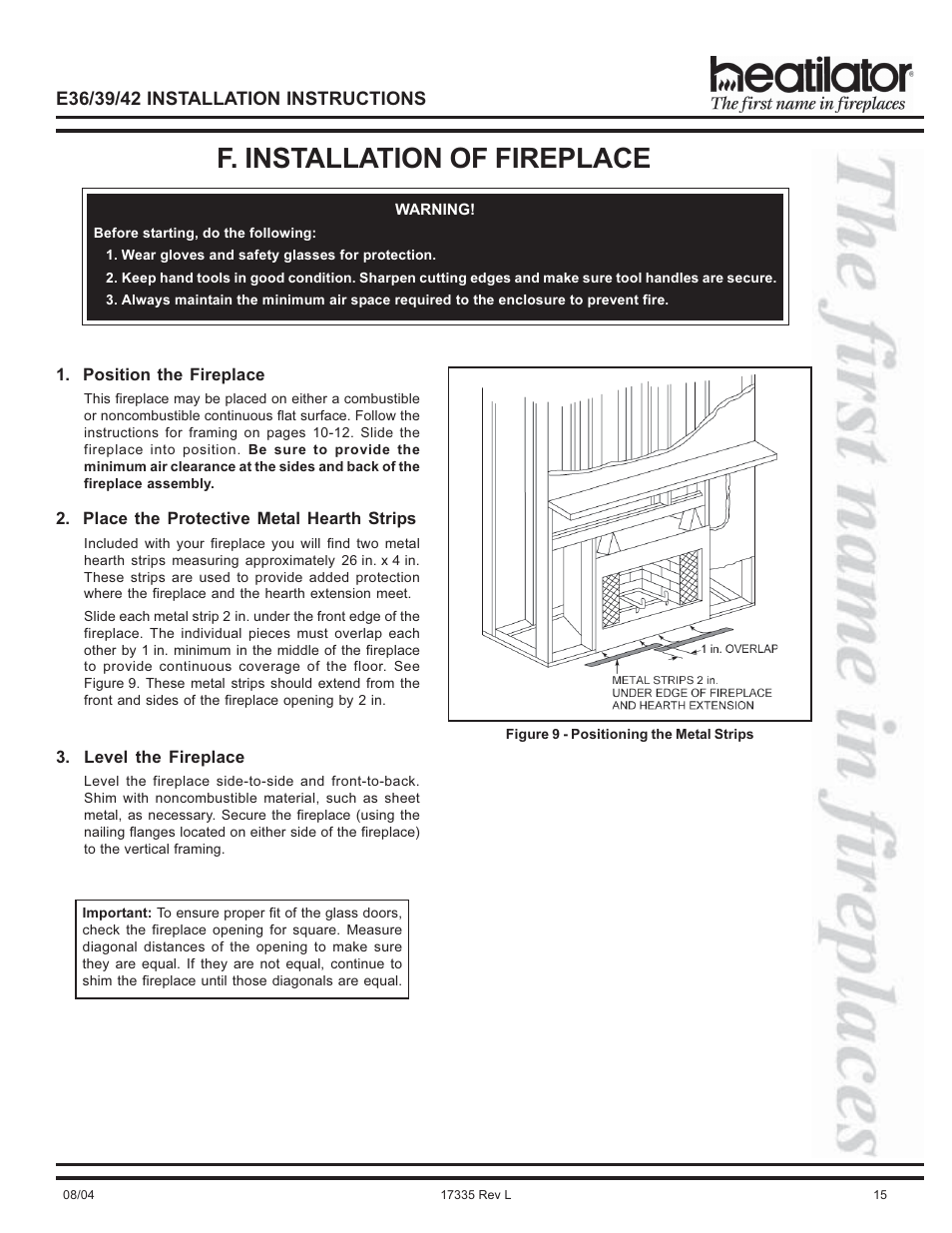 Fireplace, Leveling the fireplace, Metal hearth strips | Positioning, Safety, F. installation of fireplace | Hearth and Home Technologies E39 User Manual | Page 15 / 32