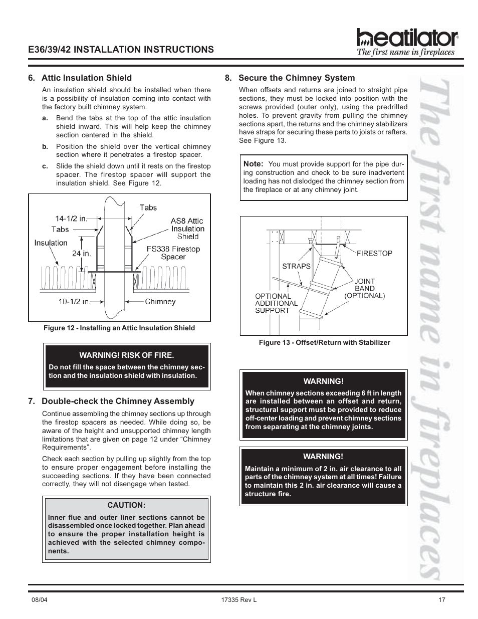 Air clearance, Attic insulation shield, Checking the assembly | Securing the system | Hearth and Home Technologies E39 User Manual | Page 17 / 32