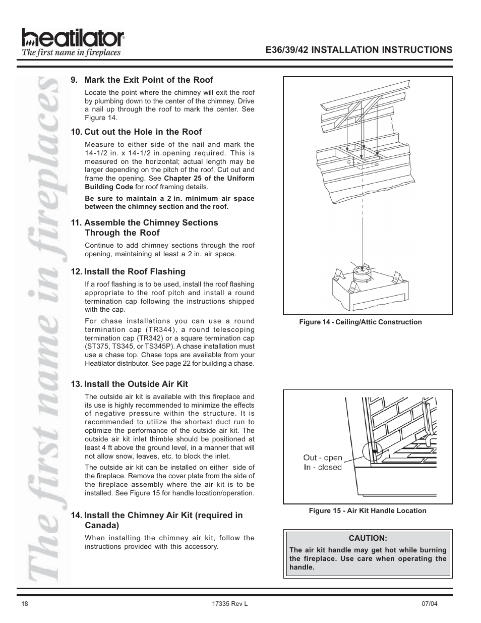 Assembling sections through the roof, Exit point through the roof, Building | Uniform building code for roof framing details | Hearth and Home Technologies E39 User Manual | Page 18 / 32