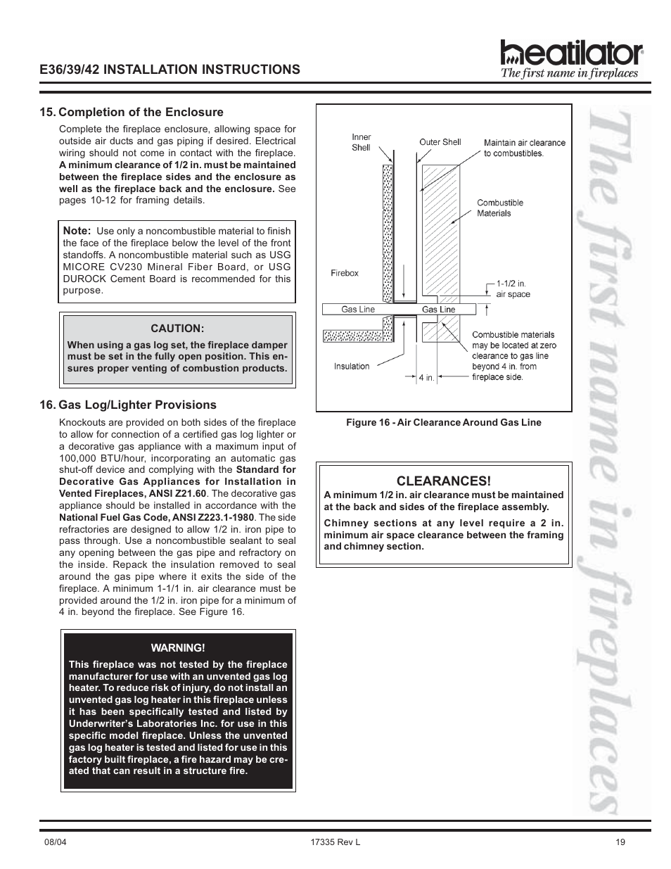 Enclosure, Gas codes, Gas log/lighter provisions | Standard for decorative gas appliances, Unvented gas log heater | Hearth and Home Technologies E39 User Manual | Page 19 / 32