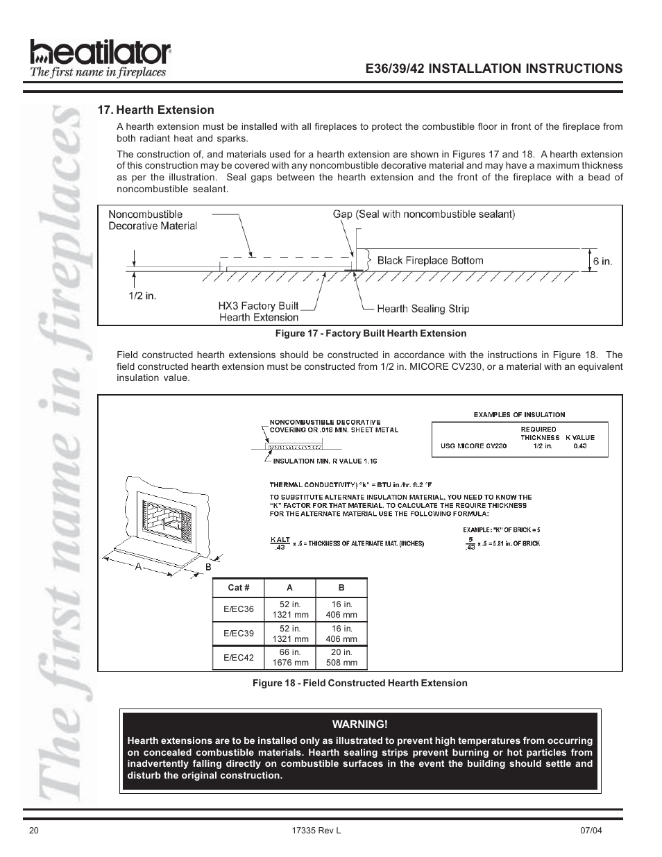 Combustible material, Construction, Hearth extension | Hearth and Home Technologies E39 User Manual | Page 20 / 32