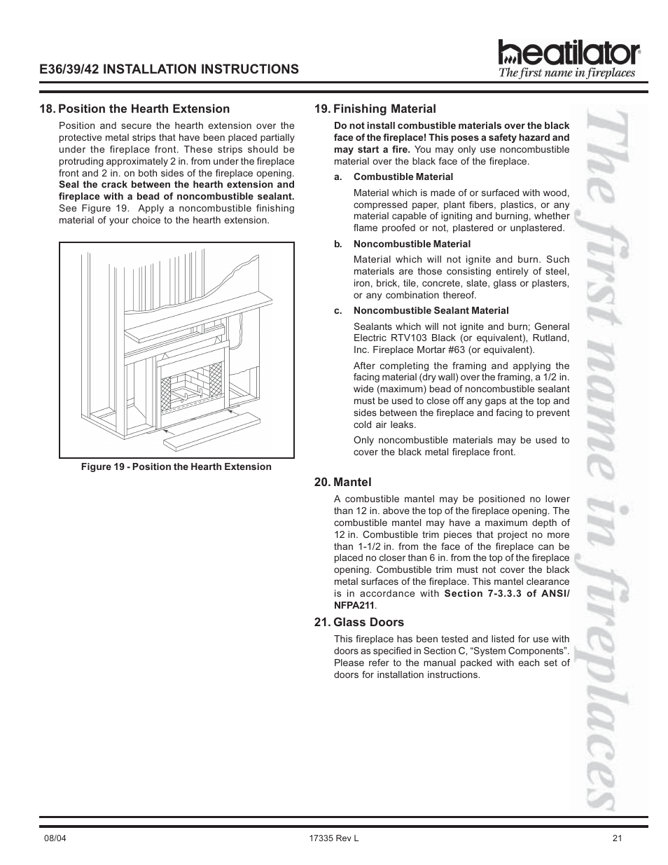 Glass doors, Positioning, Material, sealant | Noncombustible material, Noncombustible sealant material | Hearth and Home Technologies E39 User Manual | Page 21 / 32