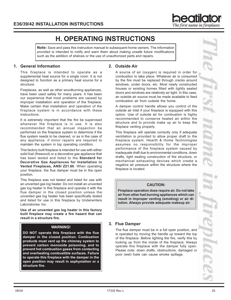 Damper, Firewood, Flue | Fuel, General information, Moisture content of wood, Outside air, Moisture of, Wood fuel, H. operating instructions | Hearth and Home Technologies E39 User Manual | Page 25 / 32