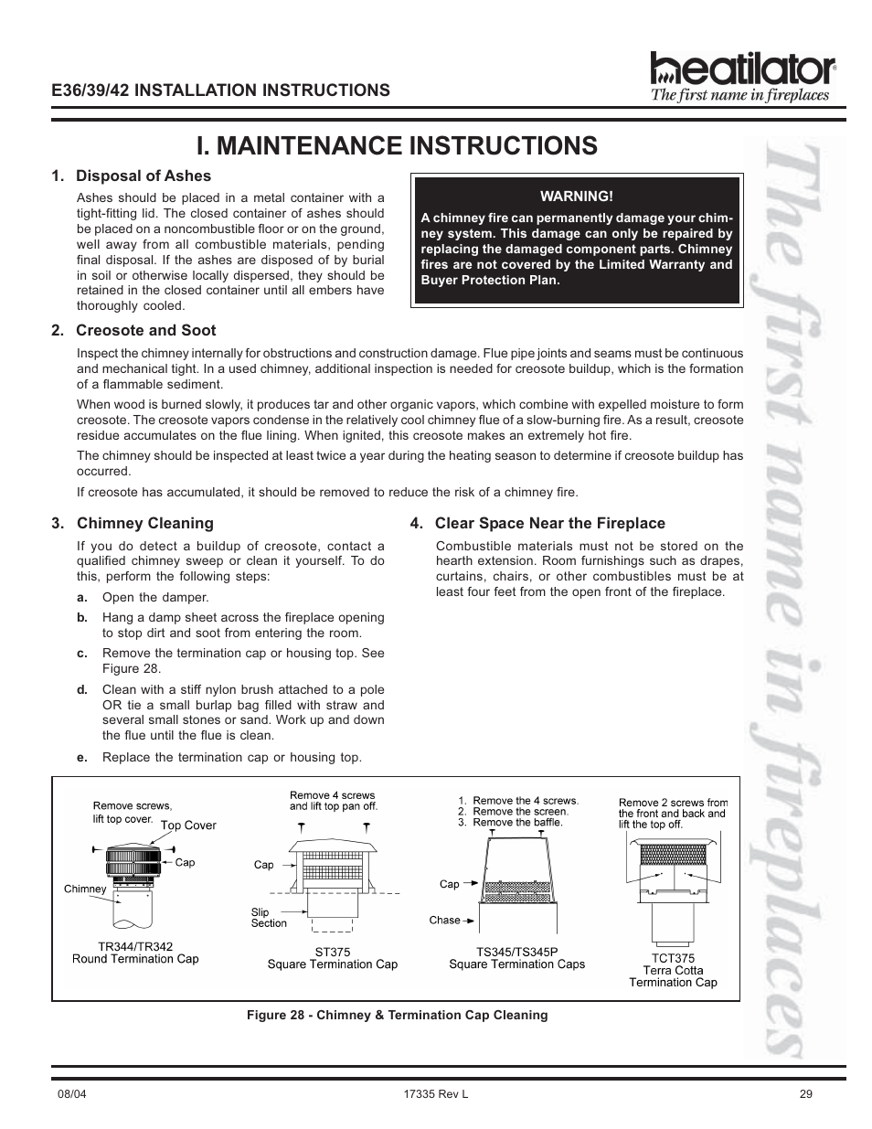 Ashes, disposal of, Cleaning, Creosote | Maintenance, Soot, I. maintenance instructions | Hearth and Home Technologies E39 User Manual | Page 29 / 32