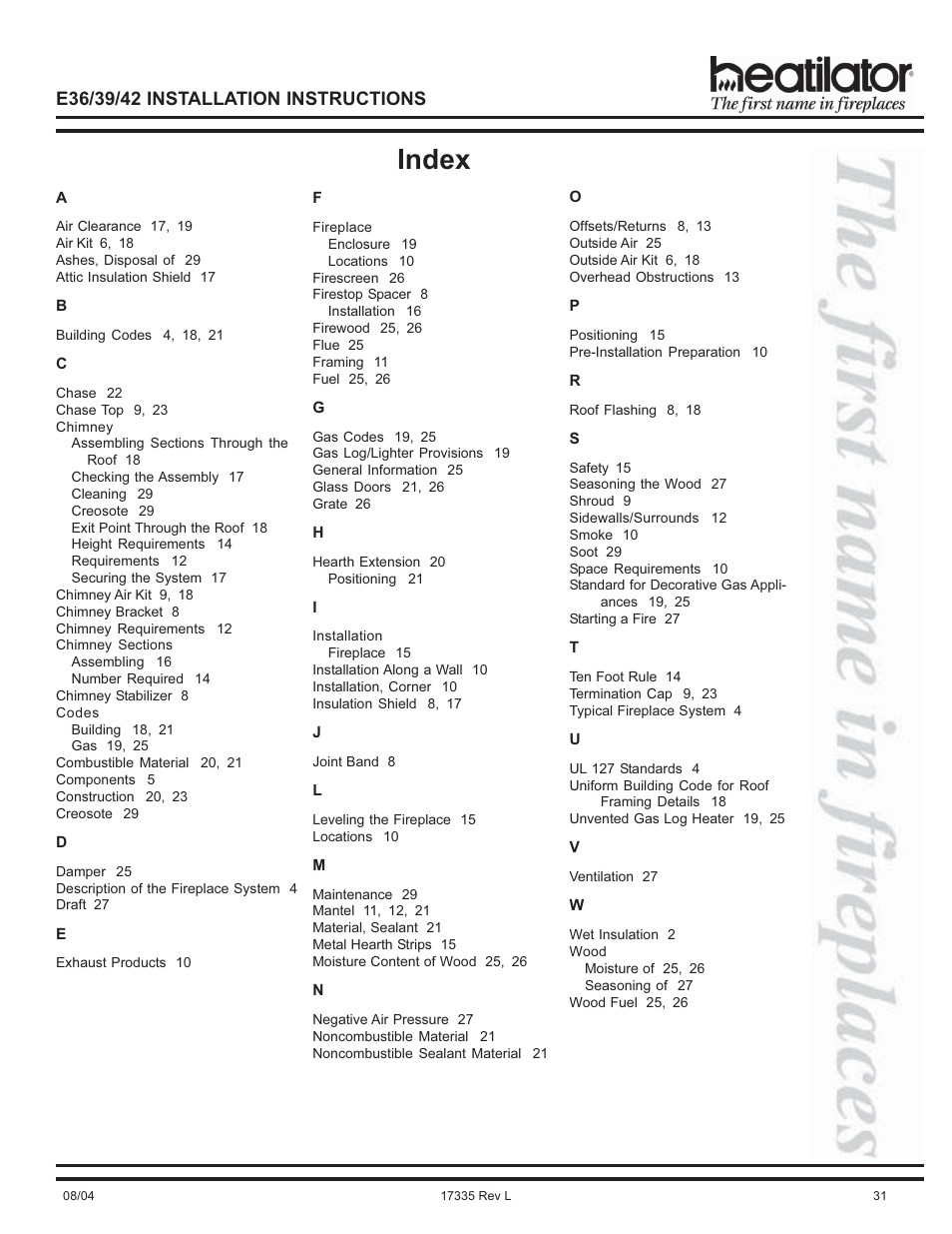 Index, Chimney, Chimney sections | Codes, Fireplace, Installation, Wood | Hearth and Home Technologies E39 User Manual | Page 31 / 32