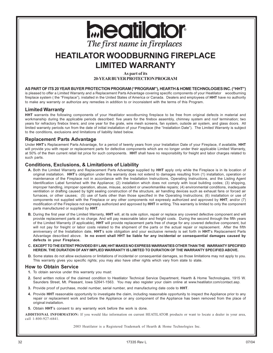 Heatilator woodburning fireplace limited warranty | Hearth and Home Technologies E39 User Manual | Page 32 / 32