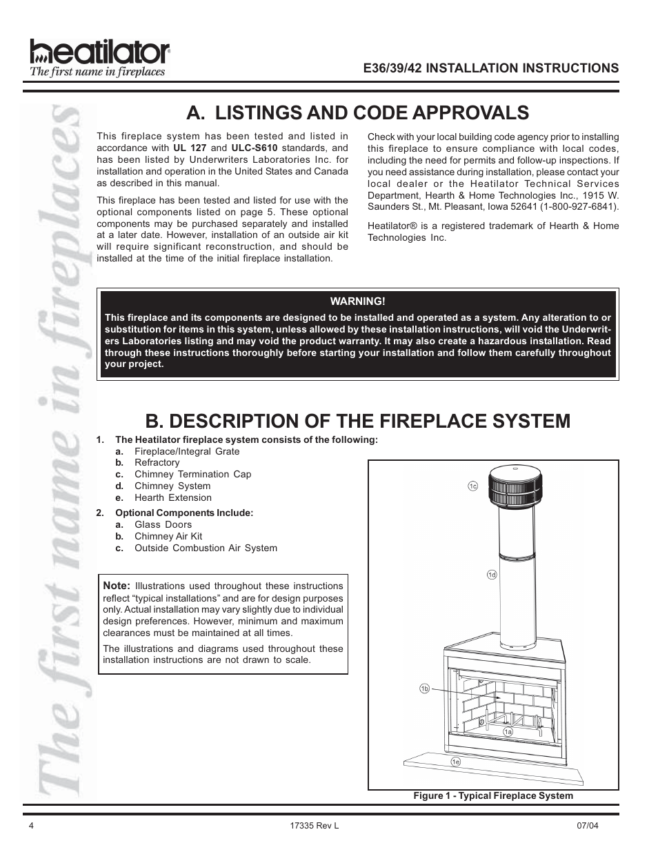 Building codes, Description of the fireplace system, Typical fireplace system | Ul 127 standards | Hearth and Home Technologies E39 User Manual | Page 4 / 32