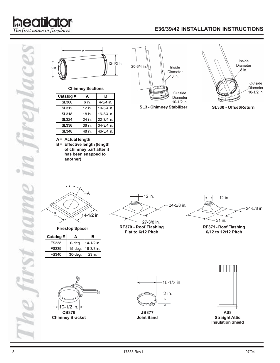 Chimney bracket, Chimney stabilizer, Firestop spacer | Insulation shield, Joint band, Offsets/returns, Roof flashing | Hearth and Home Technologies E39 User Manual | Page 8 / 32