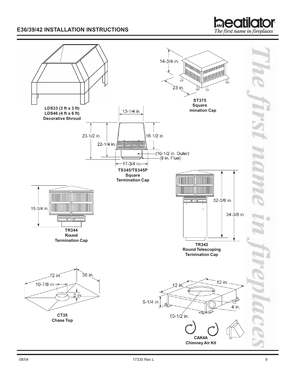 Chase top, Chimney air kit, Shroud | Termination cap | Hearth and Home Technologies E39 User Manual | Page 9 / 32