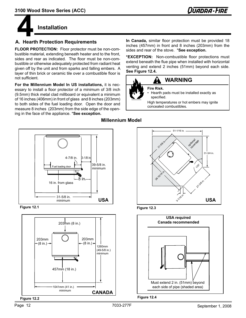 Installation, Warning, Millennium model | Usa canada | Hearth and Home Technologies 31ST-ACC User Manual | Page 12 / 48