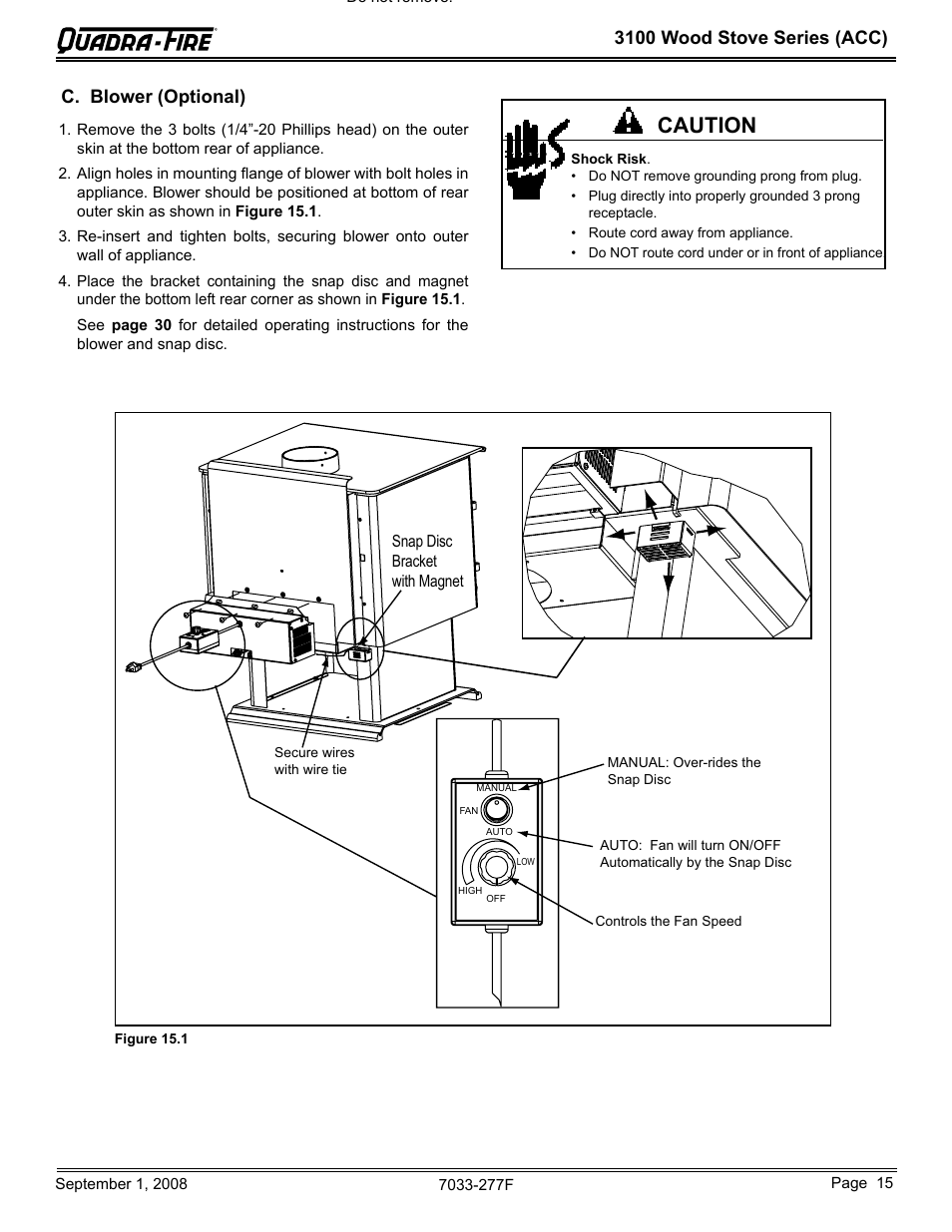 Caution, 3100 wood stove series (acc), C. blower (optional) | Hearth and Home Technologies 31ST-ACC User Manual | Page 15 / 48