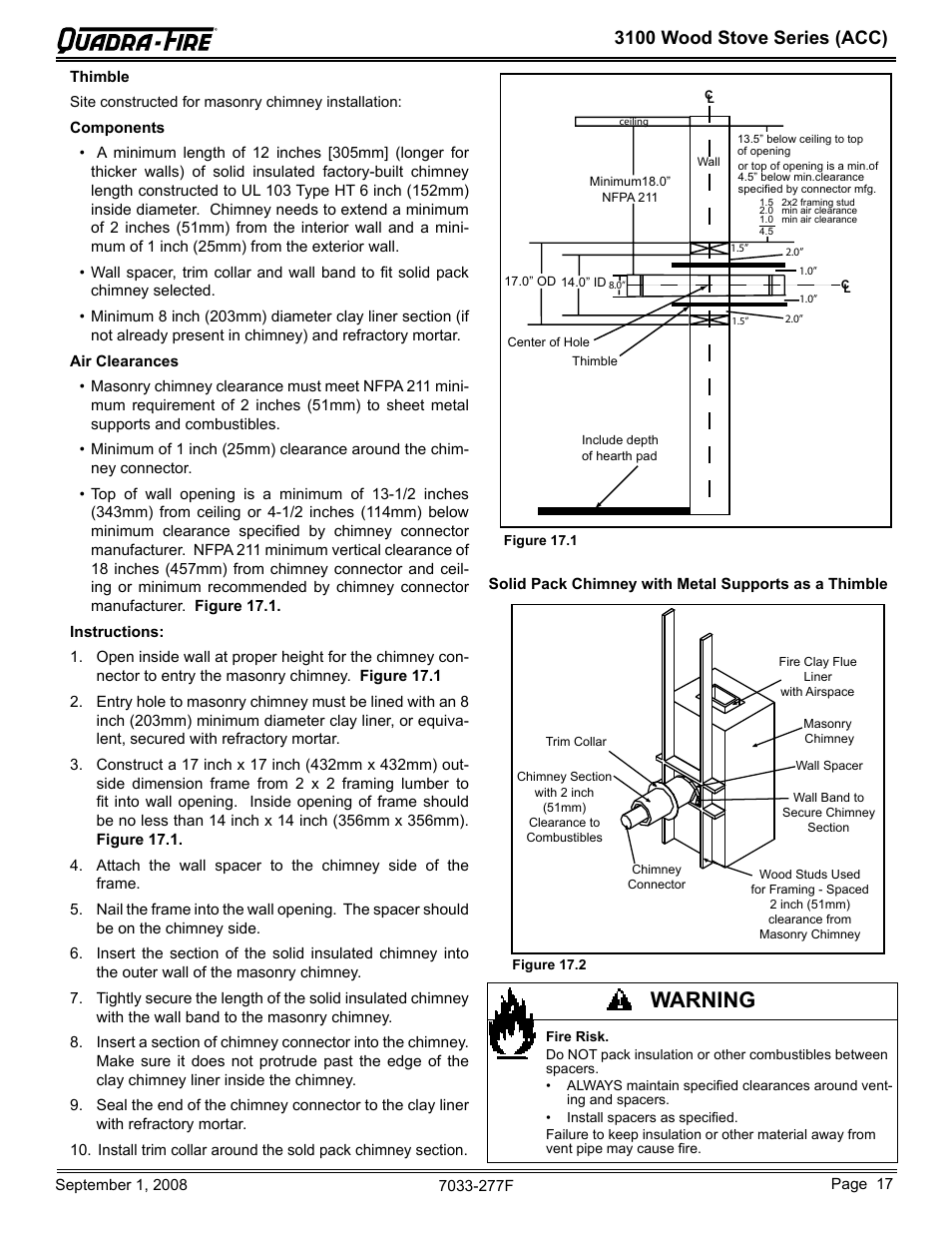 Warning, 3100 wood stove series (acc) | Hearth and Home Technologies 31ST-ACC User Manual | Page 17 / 48