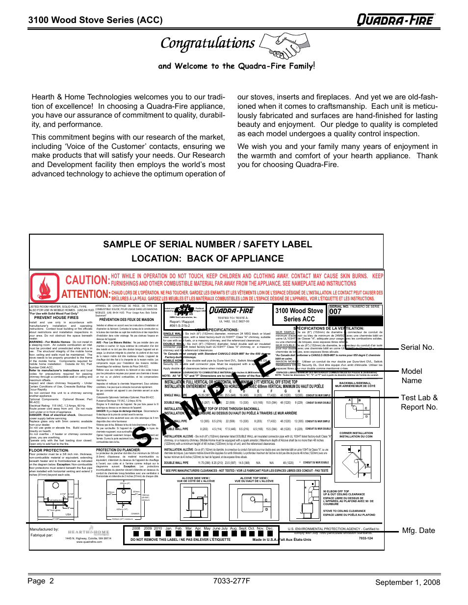 Caution, Attention, 3100 wood stove series (acc) | 3100 wood stove series acc | Hearth and Home Technologies 31ST-ACC User Manual | Page 2 / 48
