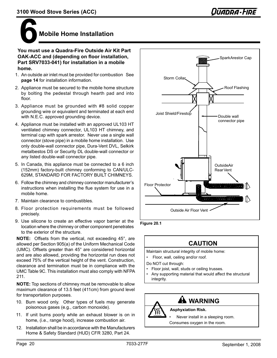 Caution, Warning, Mobile home installation | Hearth and Home Technologies 31ST-ACC User Manual | Page 20 / 48
