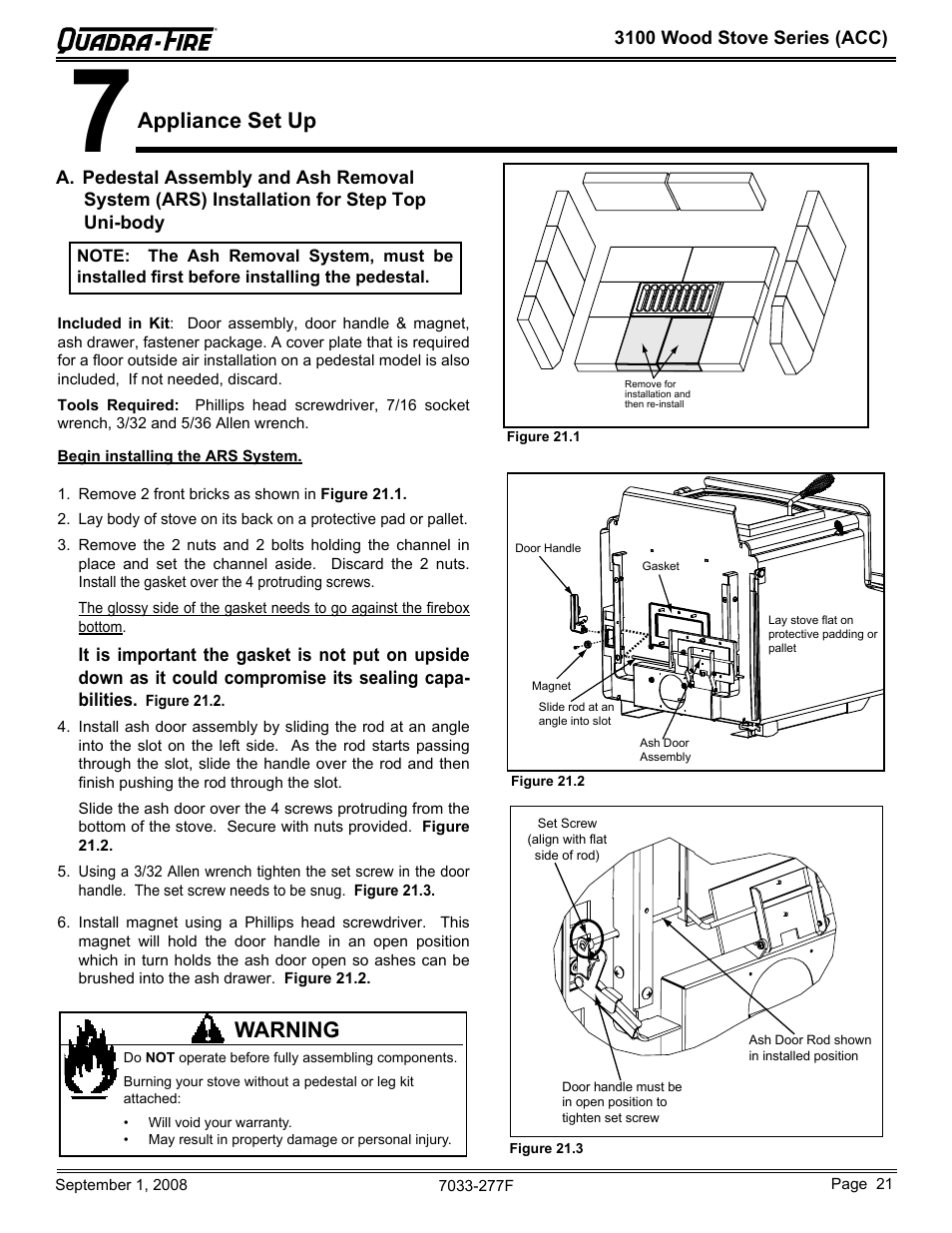 Appliance set up, Warning | Hearth and Home Technologies 31ST-ACC User Manual | Page 21 / 48