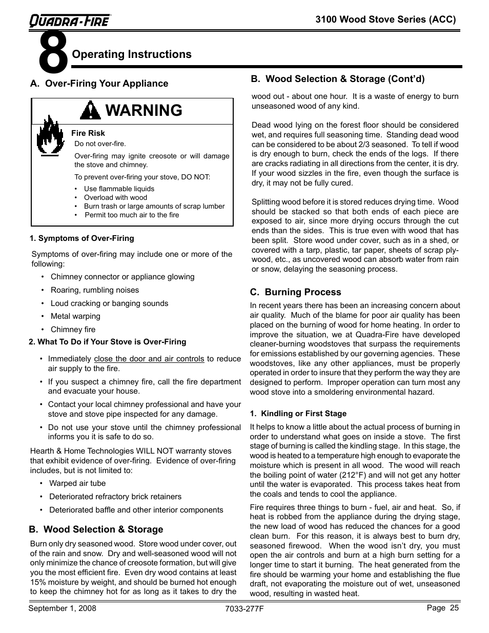 Warning, Operating instructions | Hearth and Home Technologies 31ST-ACC User Manual | Page 25 / 48