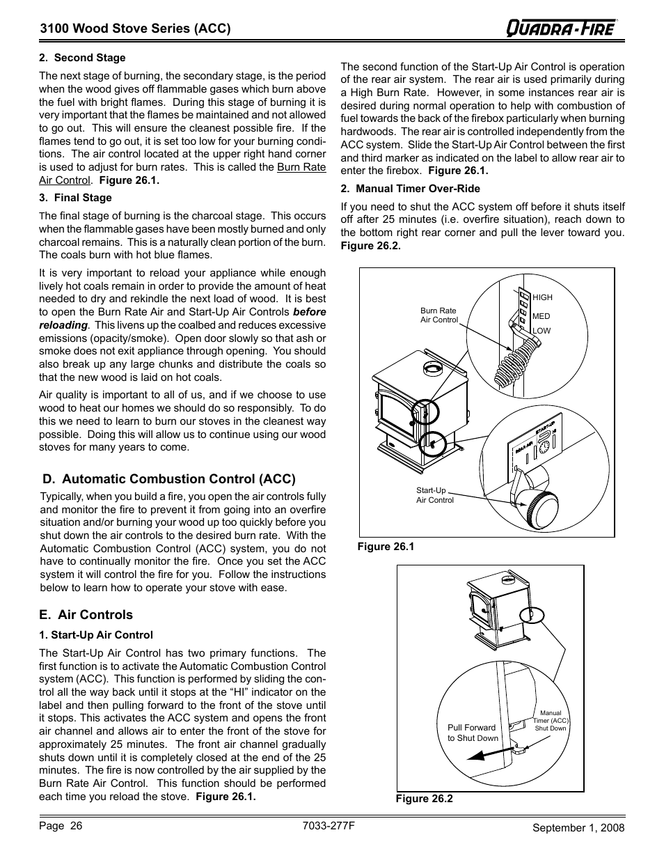3100 wood stove series (acc), D. automatic combustion control (acc), E. air controls | Hearth and Home Technologies 31ST-ACC User Manual | Page 26 / 48