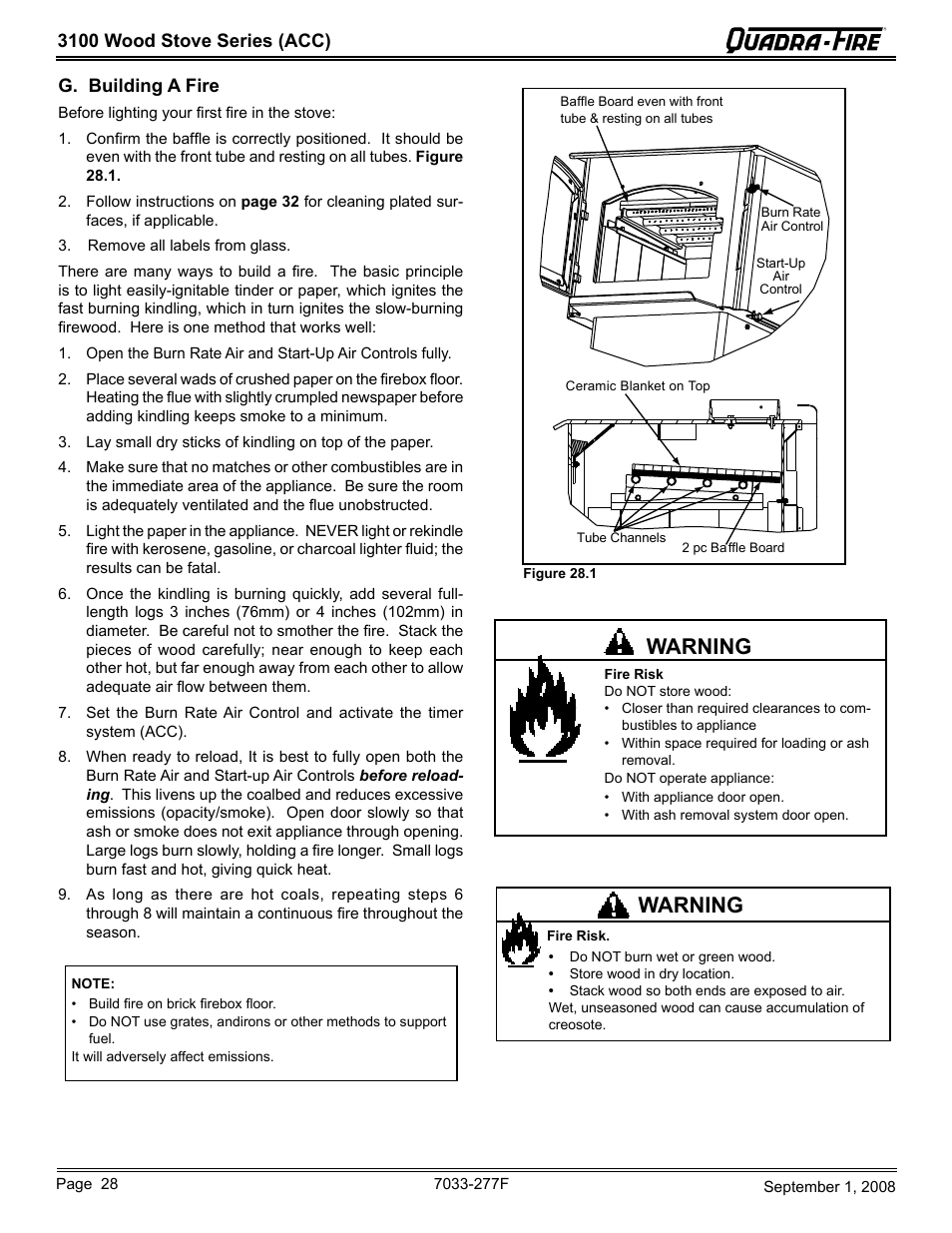 Warning, 3100 wood stove series (acc) g. building a fire | Hearth and Home Technologies 31ST-ACC User Manual | Page 28 / 48