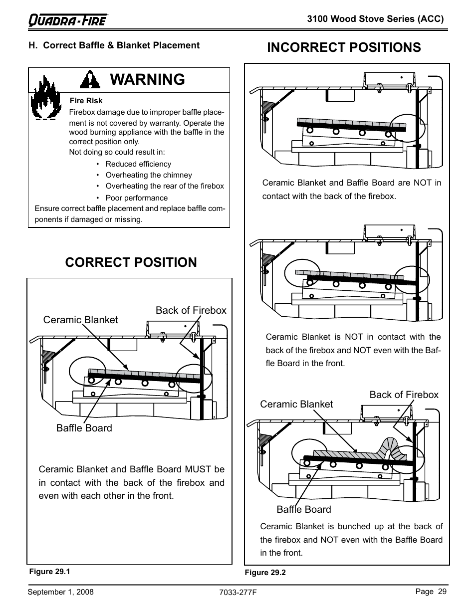 Warning, Correct position incorrect positions | Hearth and Home Technologies 31ST-ACC User Manual | Page 29 / 48